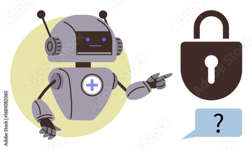 Friendly robot gestures toward padlock, implying cybersecurity and AI problem-solving. Ideal for technology, AI, cybersecurity, questions, protection, innovation digital trust. Simple flat metaphor