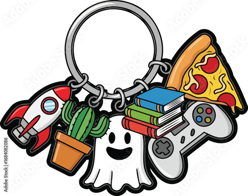 charming ghost keyring with pizza, books, and rocket quirky accessory