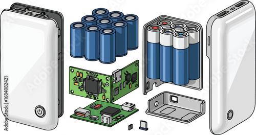 disassembled portable charger internal components, exploded view illustration