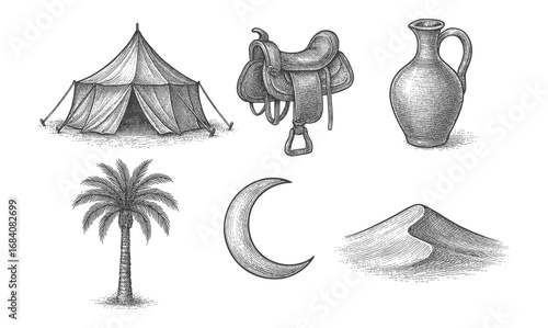 Vintage engraving style desert icons: tent, saddle, pitcher, palm, crescent, sand dunes