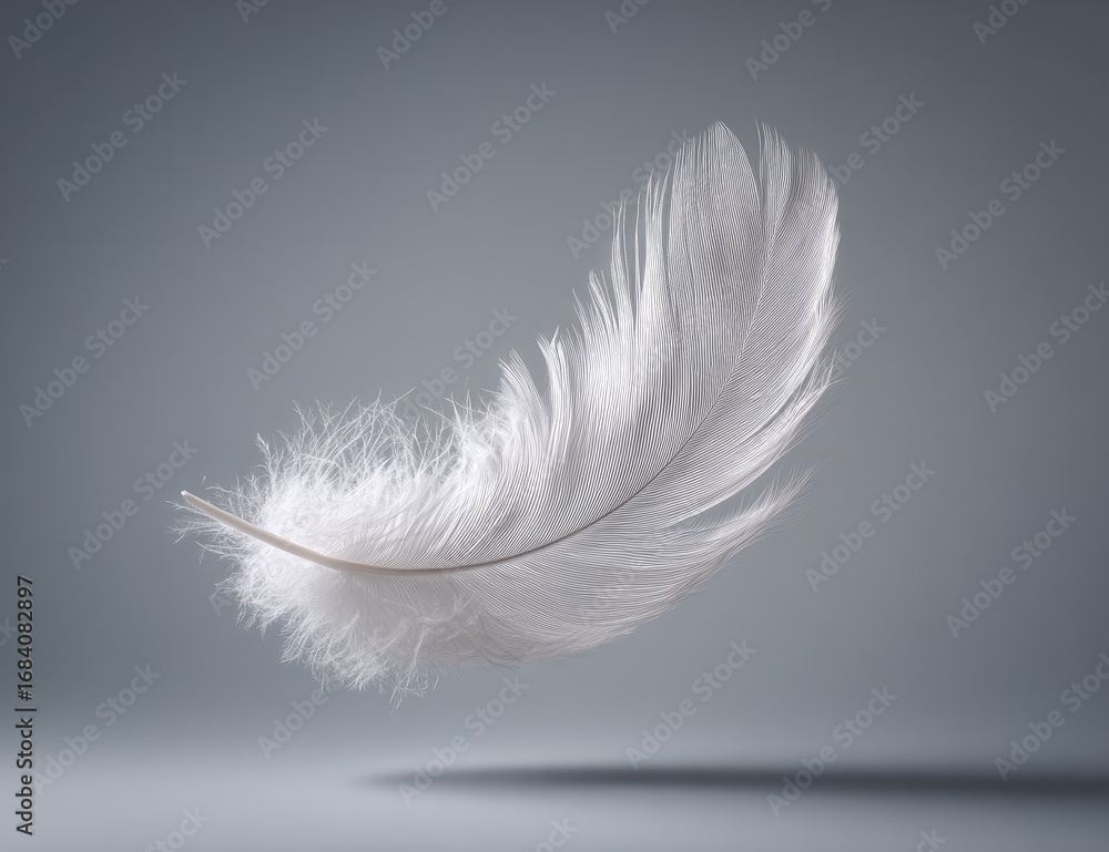 Obraz premium A single, white feather floats gently in mid-air against a muted gray backdrop. Its delicate structure and soft texture are highlighted by the light