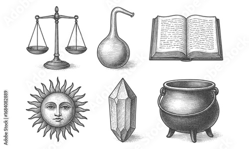 Vintage alchemy objects collection featuring balance scales, potion bottle, open book, sun, crystal, and cauldron