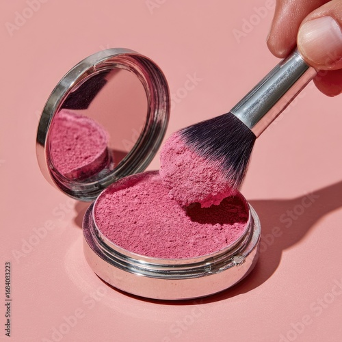 Pink blush compact, brush applying powder