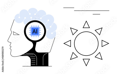 Human head with AI microchip in brain symbolizing technology and innovation next to sun icon representing ideas, growth, or energy. Ideal for tech, AI development, creativity, innovation, learning