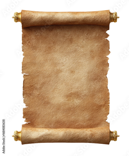 Aged parchment scroll, vertical, on a black background.  It's a light brownish-tan color, showing signs of age and wear.  Rolled paper with ornate gold-colored ends