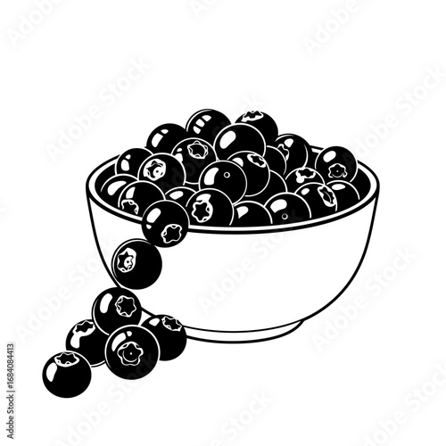 Bowl of blueberries spilling out silhouette isolated on white background