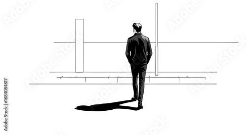 Man walking away on street. Man standing in contemplation with shadow on white background  