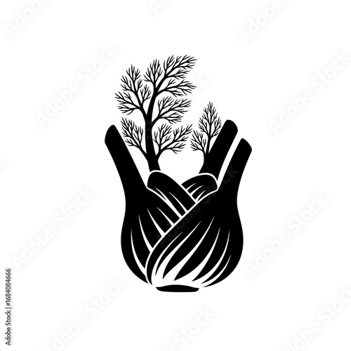 Fennel bulb with dill fronds silhouette isolated on white background