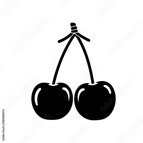 Black silhouette of two cherries on a stem isolated on white background silhouette graphic illustration