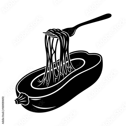 Black silhouette of spaghetti on a fork in a zucchini boat isolated on white background