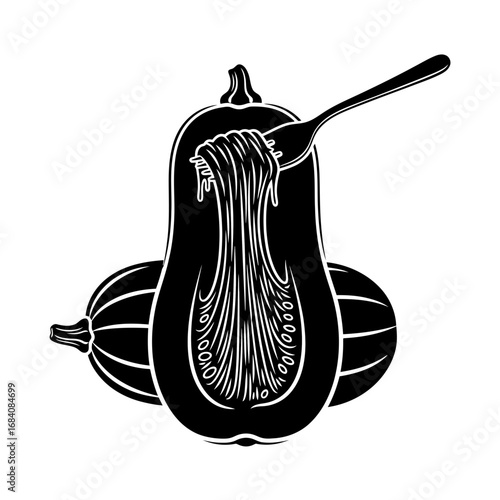 Butternut squash spaghetti with fork silhouette isolated on white background