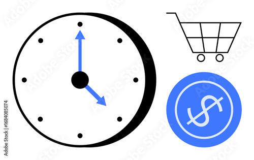Clock with blue arrows, shopping cart, and dollar coin represent scheduling, budgeting, and saving. Ideal for time management, e-commerce, finance, productivity investment retail and planning