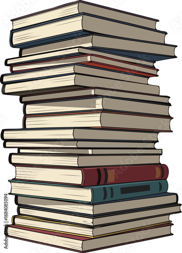 high stack of books, cream and red covers, knowledge and learning