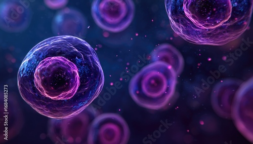 Microscopic view of cells.  Cells with vibrant purple and blue hues, appearing round and translucent, are scattered against a dark background.  Small particles are visible around them.  