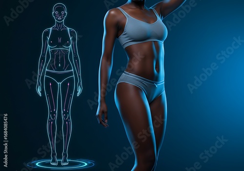 Body scan and health check of a woman with a futuristic interface showing anatomical data and body composition analysis