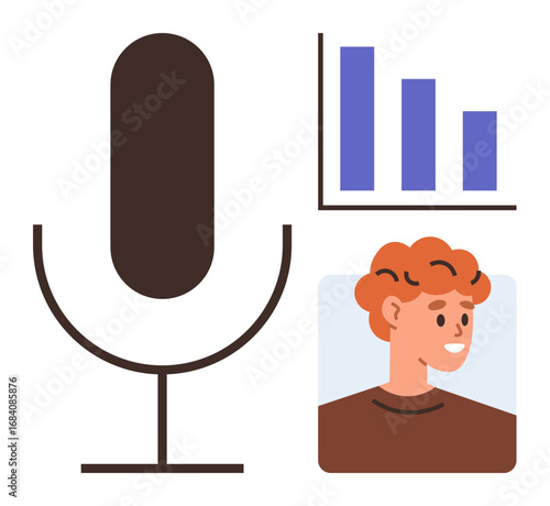 Microphone, smiling person, and bar graph representing podcasting, broadcasting, audio content creation, analytics, and digital media. Ideal for voice, storytelling online education content