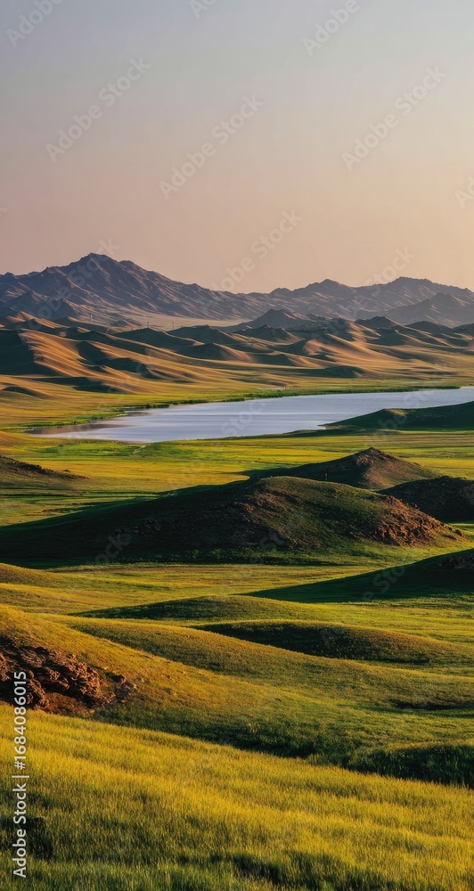 Fototapeta premium Gentle hills and a serene lake in a sunlit landscape