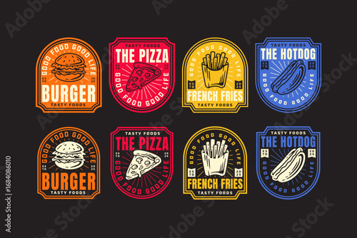 Burger, Pizza slice, French fries, Hotdog retro badge logo vector design collection set for fast food, restaurant, cafes, culinary, snack, street food menus. Vector Illustration