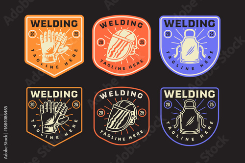 Welding gloves, welder mask helmet, aprons suit, mitten retro badge logo vector design collection set for industrial, workshop, garage, factory, welder, worker, service and repair