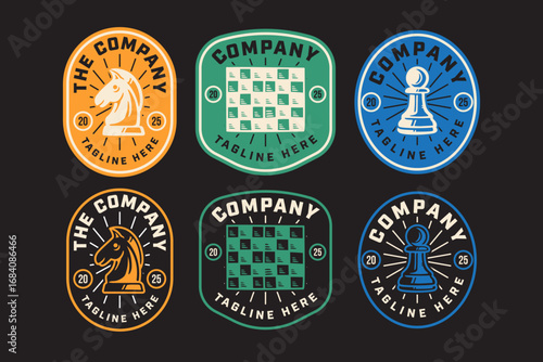 Chess vintage badge logo set with knight, pawn and chessboard. Retro chess emblem pack for strategy and board game. Chess insignia design set for tournament, club and merchandise. Vector Illustration