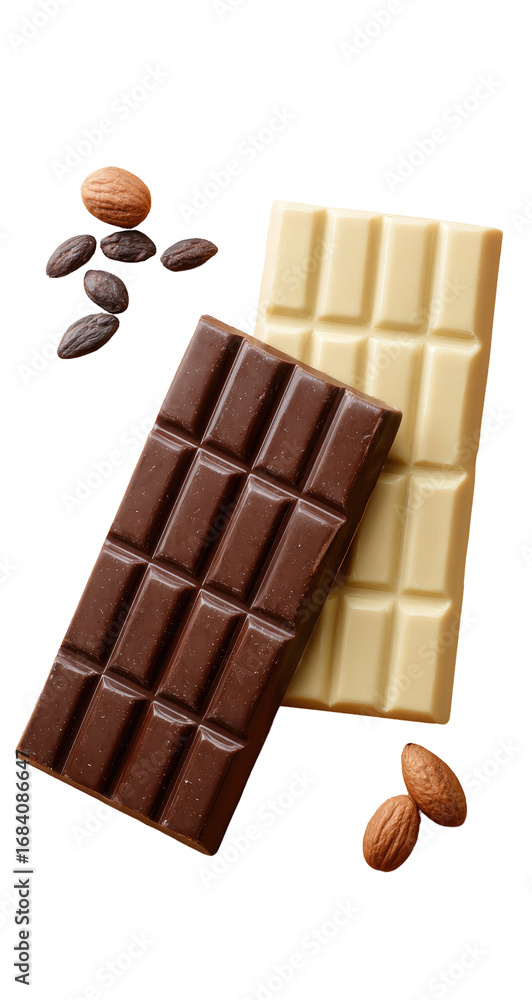 Fototapeta premium Two chocolate bars, dark and white, with almonds and cocoa nibs