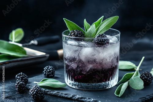 Sage and blackberry shrub in vintage highball glass with fresh leaves