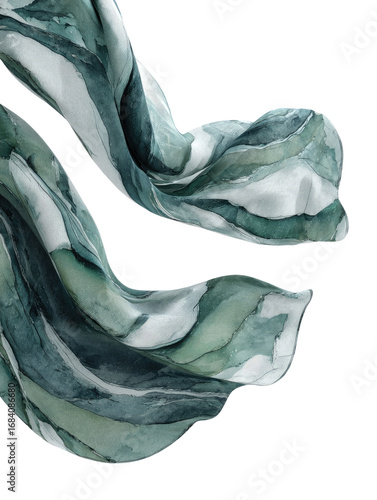 Fluid, flowing fabric scarf with abstract marble print in soft greens and whites