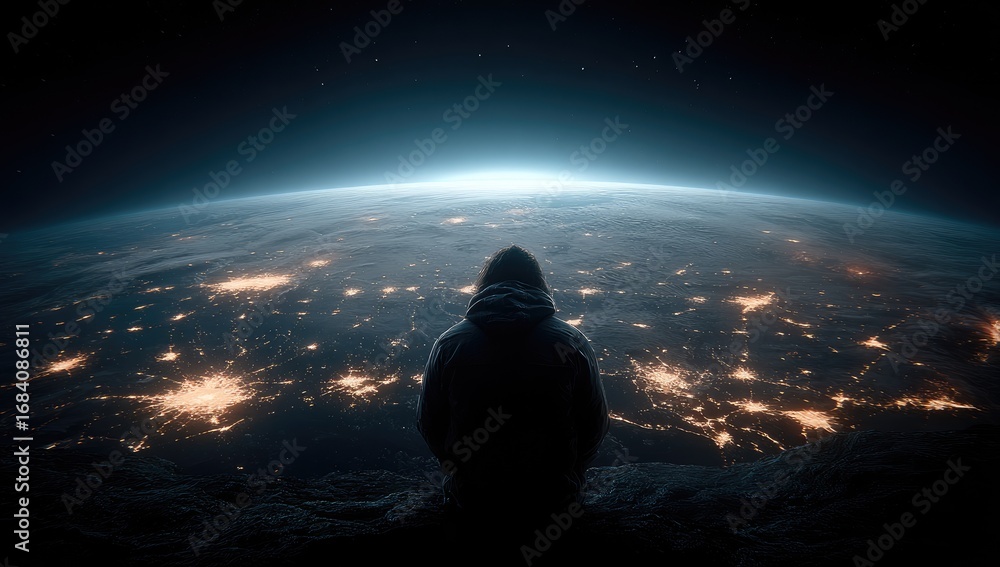 Fototapeta premium A solitary figure gazes at Earth from space, bathed in a sunrise.