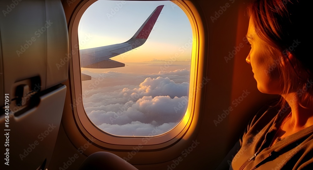 Fototapeta premium Window Seat Solitude: A person gazes out the window of an aircraft at the serene sunset sky with wing view. A moment of travel and introspection.