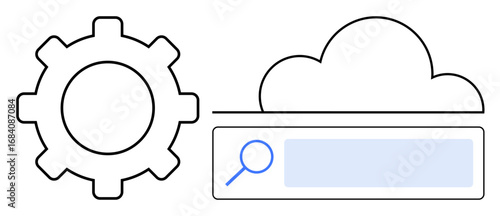 A gear, cloud, and search bar suggest concepts thumbs up data storage, cloud integration, and search functionality. Ideal for cloud computing, software engineering, data management, online search
