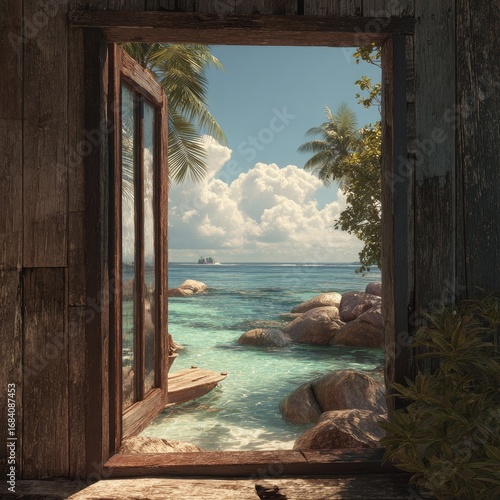 Wallpaper Mural Tropical escape through weathered window Torontodigital.ca