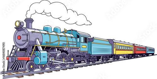 vintage steam train journey colorful retro locomotive and cars