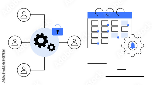 Gear icons connected to avatars for teamwork, secure lock icon for data safety, and calendar with settings for task management. Ideal for project planning, team collaboration, scheduling, data