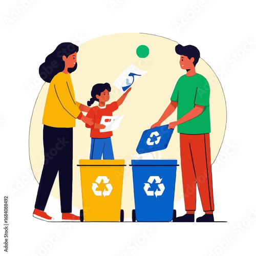 Vector art of family teaching child about recycling, sorting waste into colorful bins, promoting environmental awareness and sustainability for a cleaner planet