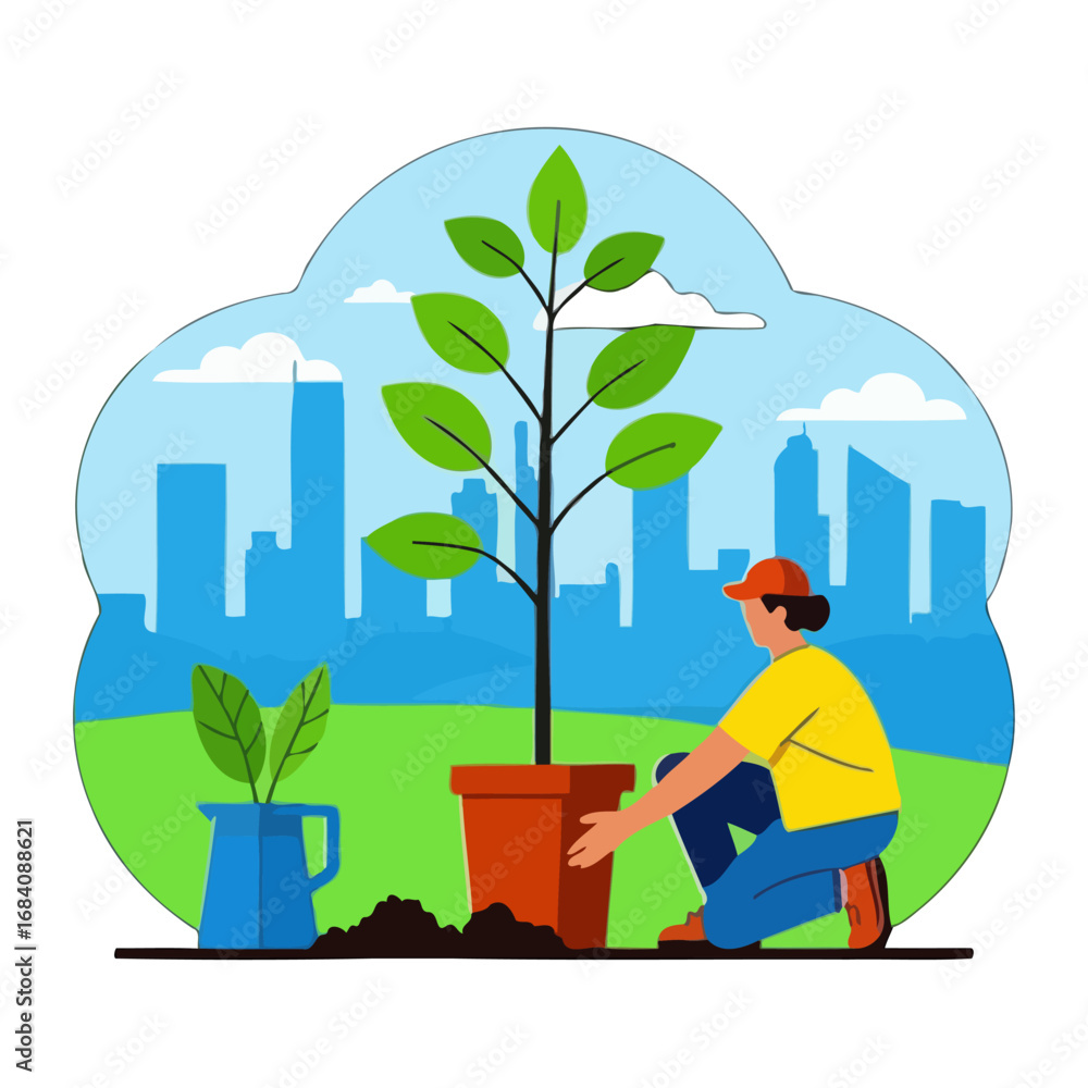 Fototapeta premium Vector art of person planting a tree in a pot in front of a city skyline, symbolizing environmental care and urban greening efforts