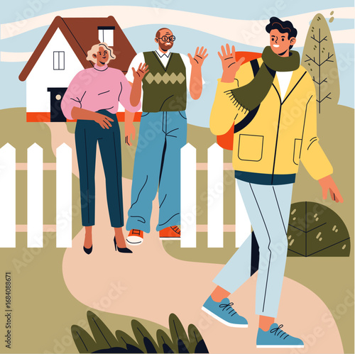 Young Man Leaving Home While Family Waves Goodbye