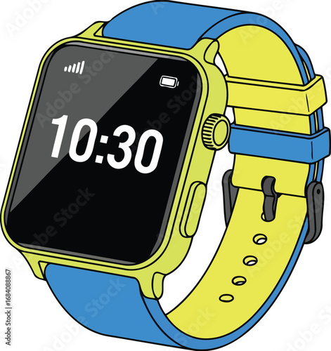 modern smartwatch with yellow and blue band digital timepiece illustration