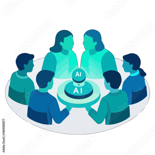 Vector art of diverse group of people gathered around a table, discussing and interacting with a central ai button, symbolizing collaboration and technological advancement