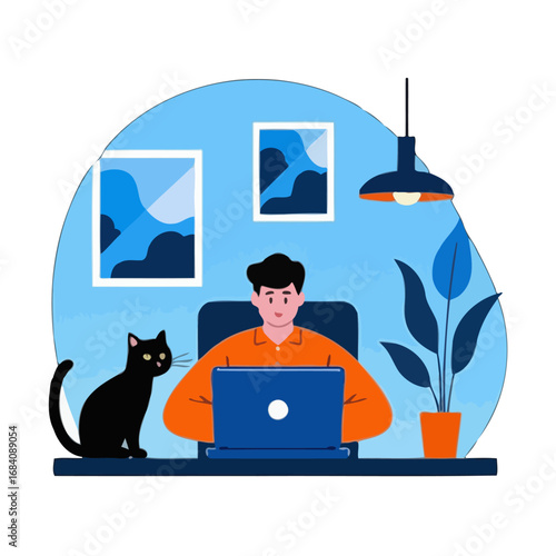 Vector art of man working on laptop at home with a cat sitting next to him, illustration of remote work and comfortable workspace