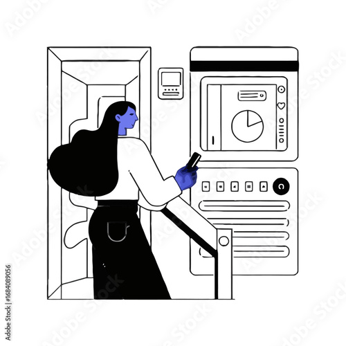 Vector art of woman using smartphone near atm or kiosk, modern technology and financial services concept, digital interface and payment