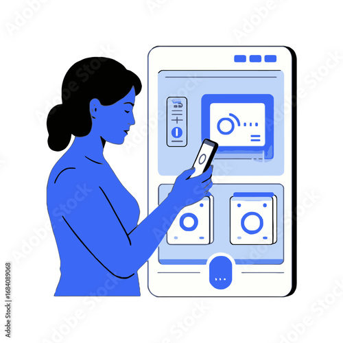 Vector art of woman using a smartphone to control smart home devices via a mobile application interface, showcasing home automation technology