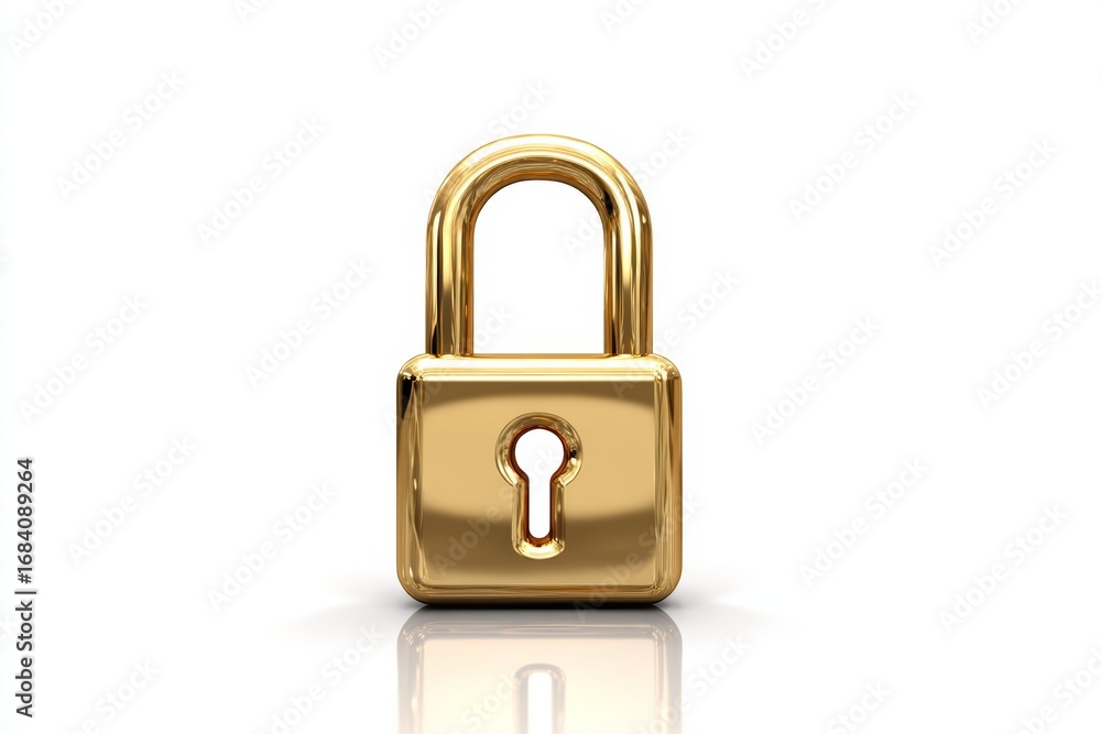 Naklejka premium Shiny golden padlock on white reflective surface
