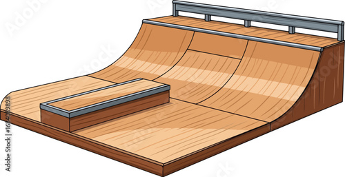 wooden skate ramp illustration smooth curves, metal rail, skatepark design