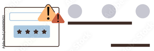Password box with star placeholders and warning icons highlighting an error. Ideal for cybersecurity, login issues, authentication, safety warning, data breach, digital security, simple flat metaphor