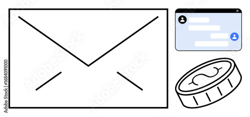 Envelope, chat bubble with text, and coin. Ideal for communication, finance, email, messaging, digital economy, customer support and simple landing page