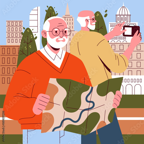 Senior Tourists Navigating City With Map and Camera