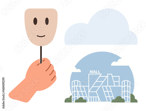 Hand holding a happy mask, shopping mall in background with a cloud overhead. Ideal for concepts thumbs up consumerism, identity, facade, emotion, mood, psychology modern culture. Simple flat