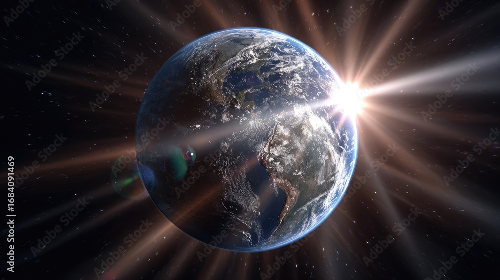 Obraz premium A stunning view of Earth illuminated by the sun, showcasing vibrant colors and details of continents, oceans, and clouds