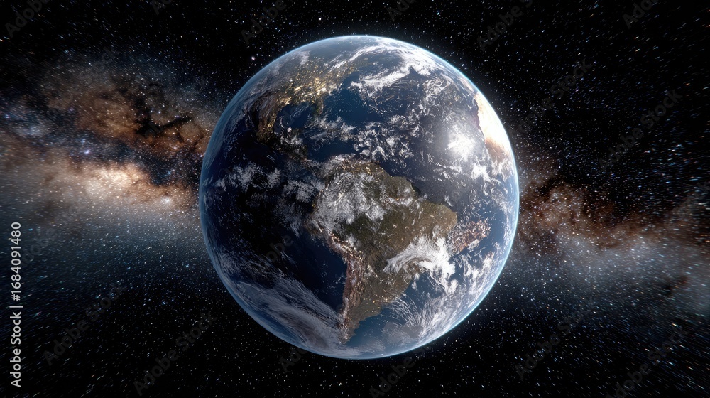 Obraz premium A stunning view of Earth from space, showcasing its vibrant blue oceans, white clouds, and green landmasses set against the expansive blackness of the cosmos