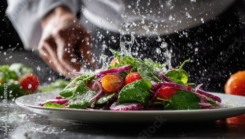Chef preparing a vibrant salad with water spray